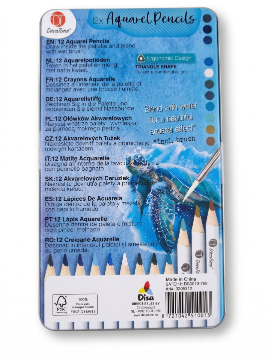 Profesjonalne kredki akwarelowe w etui DecoTime 12 szt pędzelek NOWE
